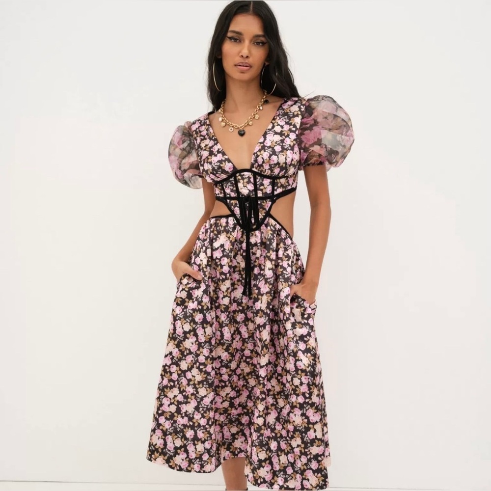 Small For Love & Lemons Pink Midi Sundress Puff Sleeves and Plunge Neckline